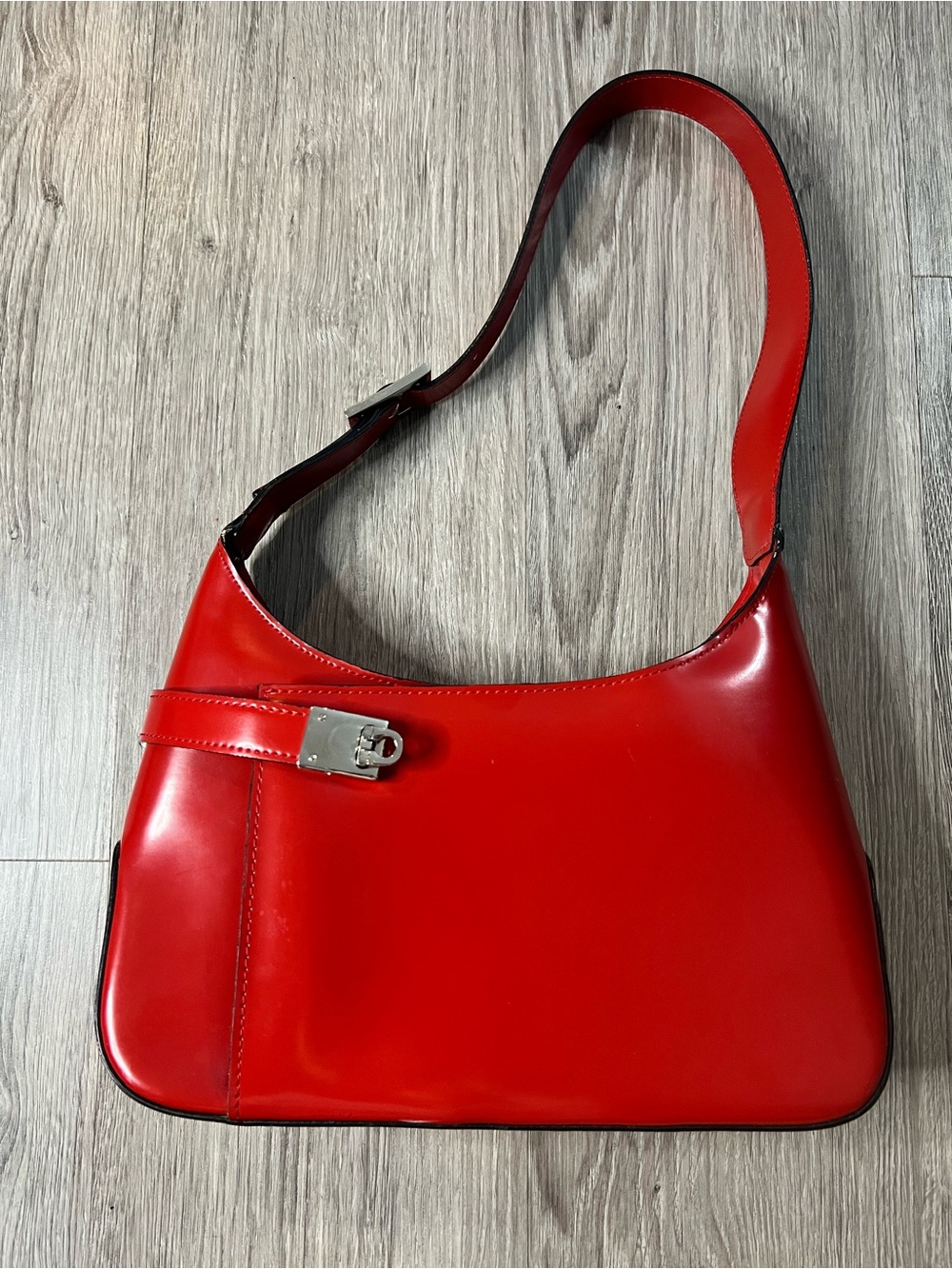 Red Leather Shoulder Bag With Silver - Sleek Everyday Style